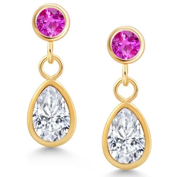 14K Yellow Gold with 1.07 Cttw White Moissanite and Pink Sapphire Post Earrings - Picture 1 of 4